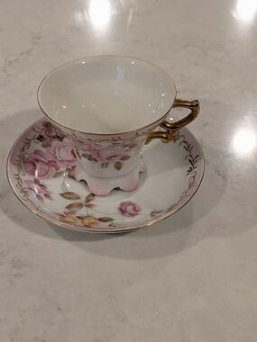 Vintage Lefton China Floral Pink Gold Trim Teacup and Saucer Hand Painted